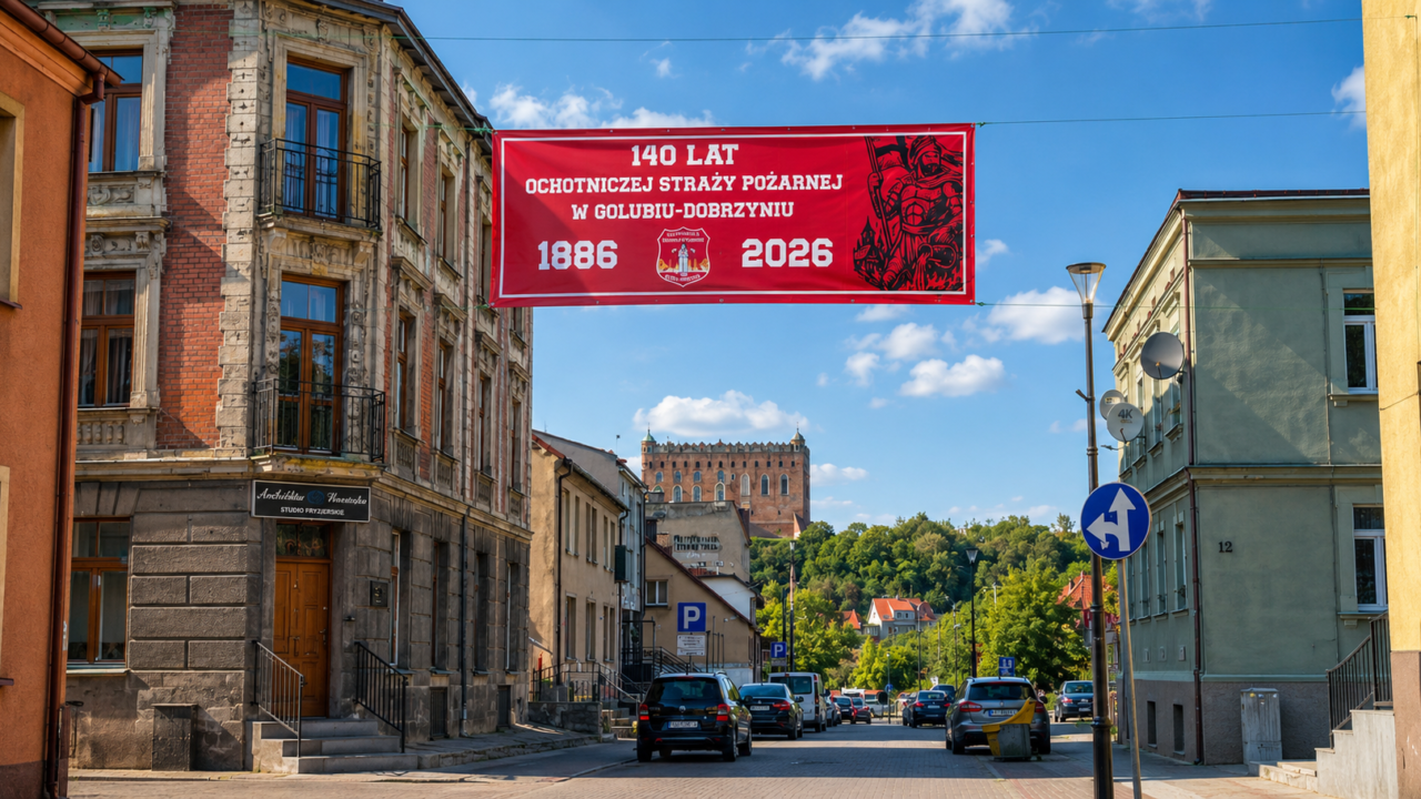 Banery zapowiadają 140-lecie OSP Golub-Dobrzyń. Jednostka odbudowuje gotowość operacyjną